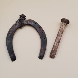 Antique Rusted Horseshoe and Stake Rustic Western Decor Forged Metal Nevada